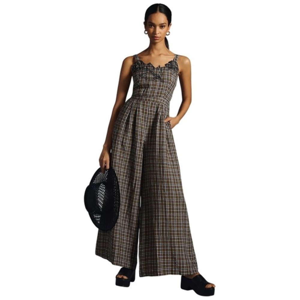 Anthropologie‎ Plaid Wide Leg Linen Blend Jumpsuit Pockets Size 2